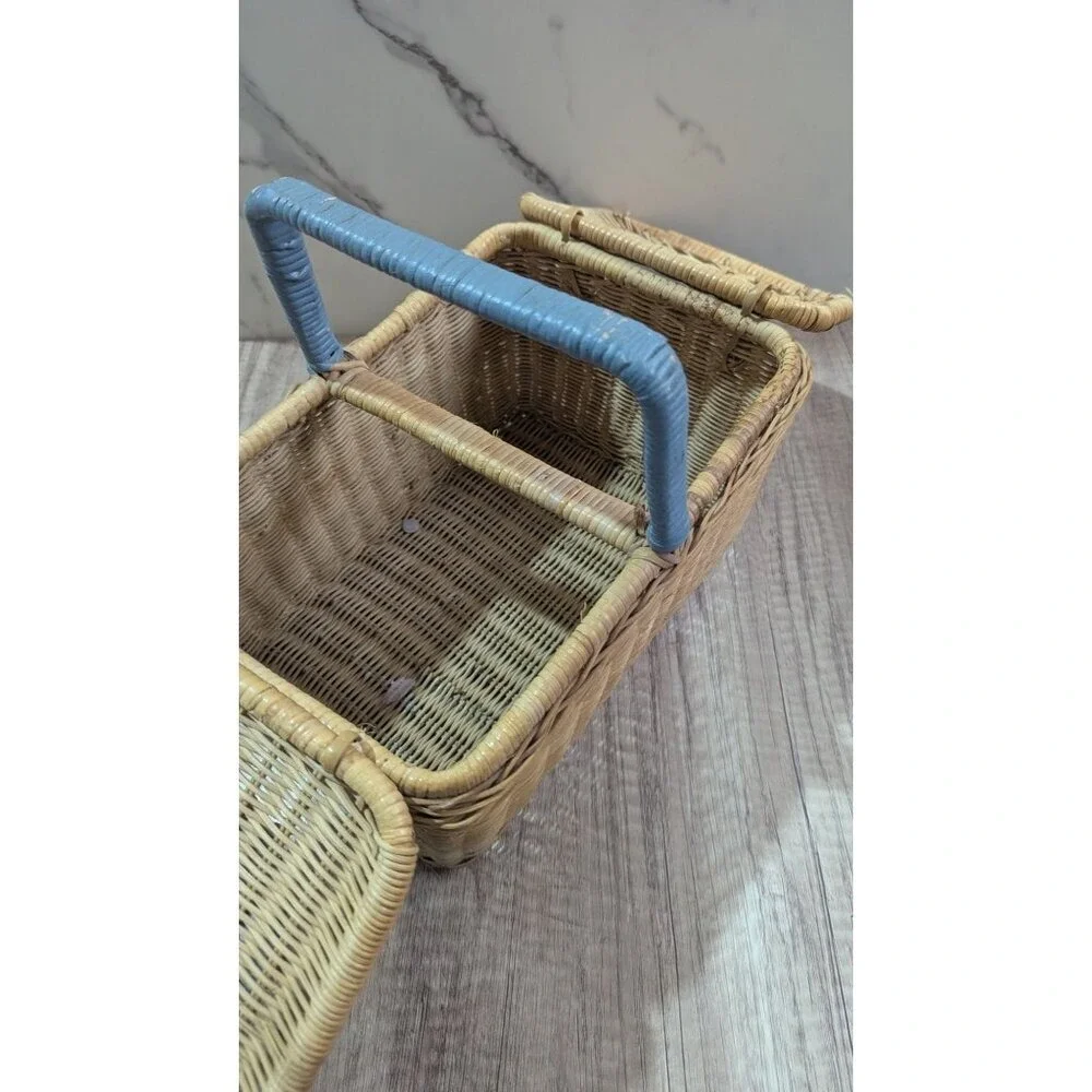 Vintage Floral Wicker Picnic Basket Double Lid Blue Handle Sewing Box 12x9x8